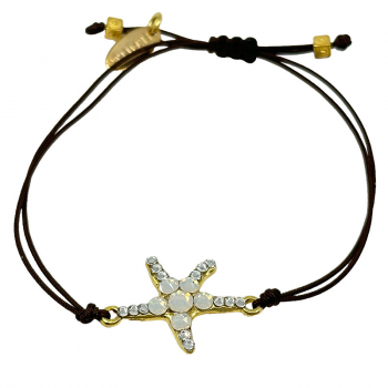 Ekaterini Freundschaftsarmband, Starfish, Seestern, weiße Swarovski Kristalle an brauner Kordel und goldenen Akzenten